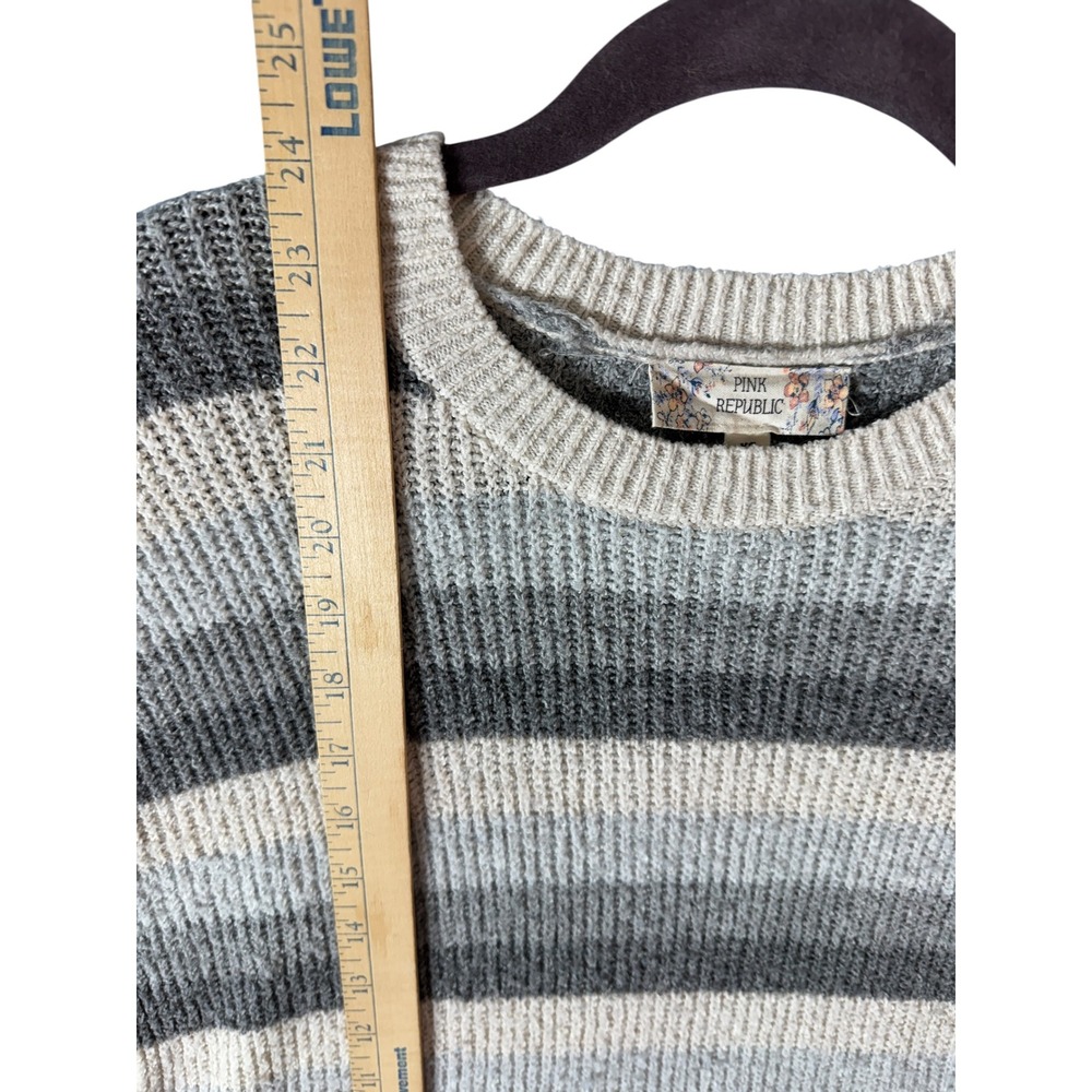 Pink Republic XS Striped Lace Up Side Sweater Oversized Chunky Knit Gray Cream - Picture 6 of 9